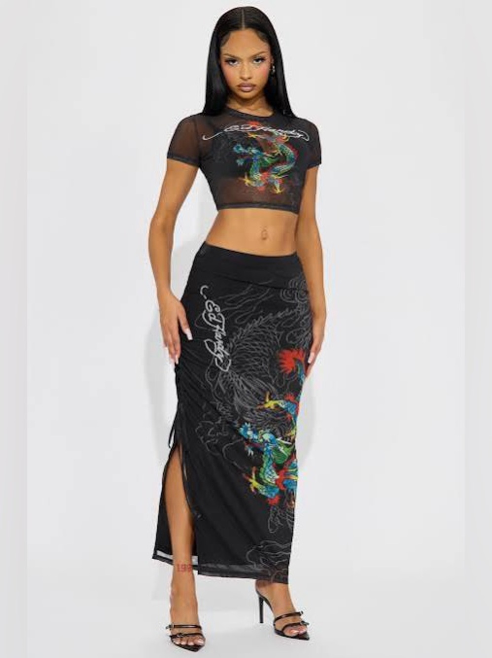 Ed Hardy/NWT Dragon Print Mesh Maxi Skirt Sz M